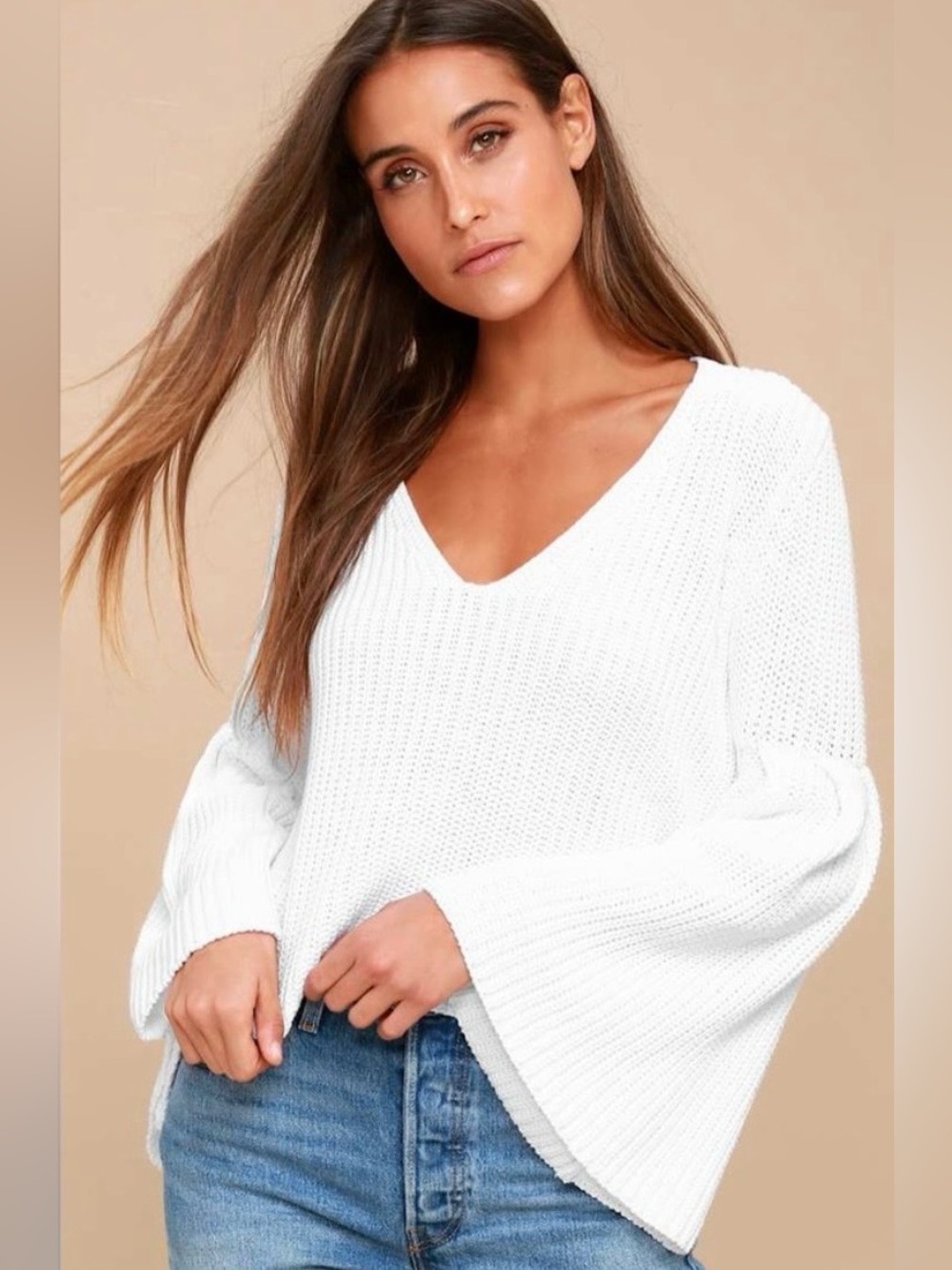 Free People Damsel White Bell Sleeve Oversized Knit Sweater Size Large